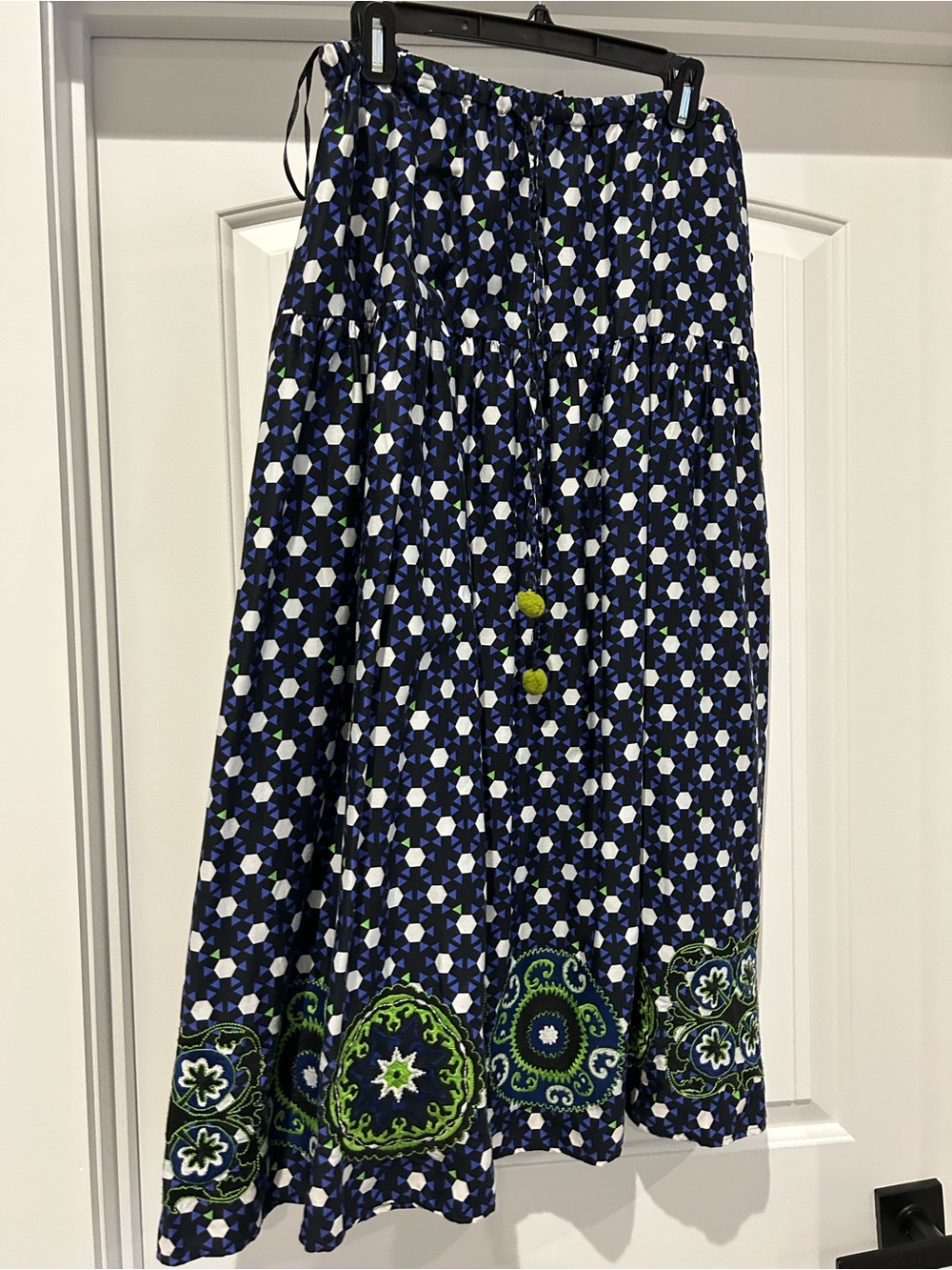 Navy Floral Border Maxi Skirt with Green Accents